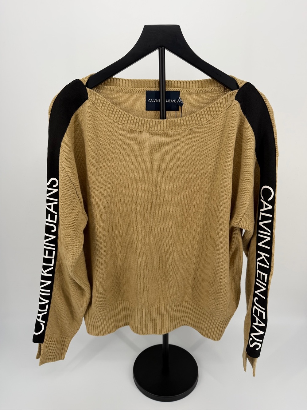 Calvin Klein Jeans Tan Crewneck Sweater with Black Logo Sleeves